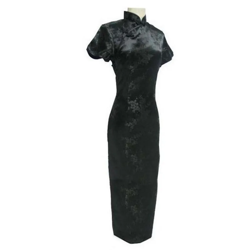 

Black Chinese Traditional Dress Sexy Women Satin Qipao Long Cheongsam Flower Size S M L XL XXL XXXL 4XL 5XL 6XL LG04