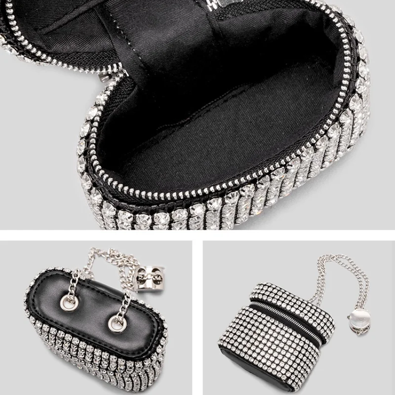 Ins New Fashion Personality Shiny Rhinestone Chain Mini Bag Girls Single Shoulder Crossbody Bag Cute Lipstick Bag Earphone Bag