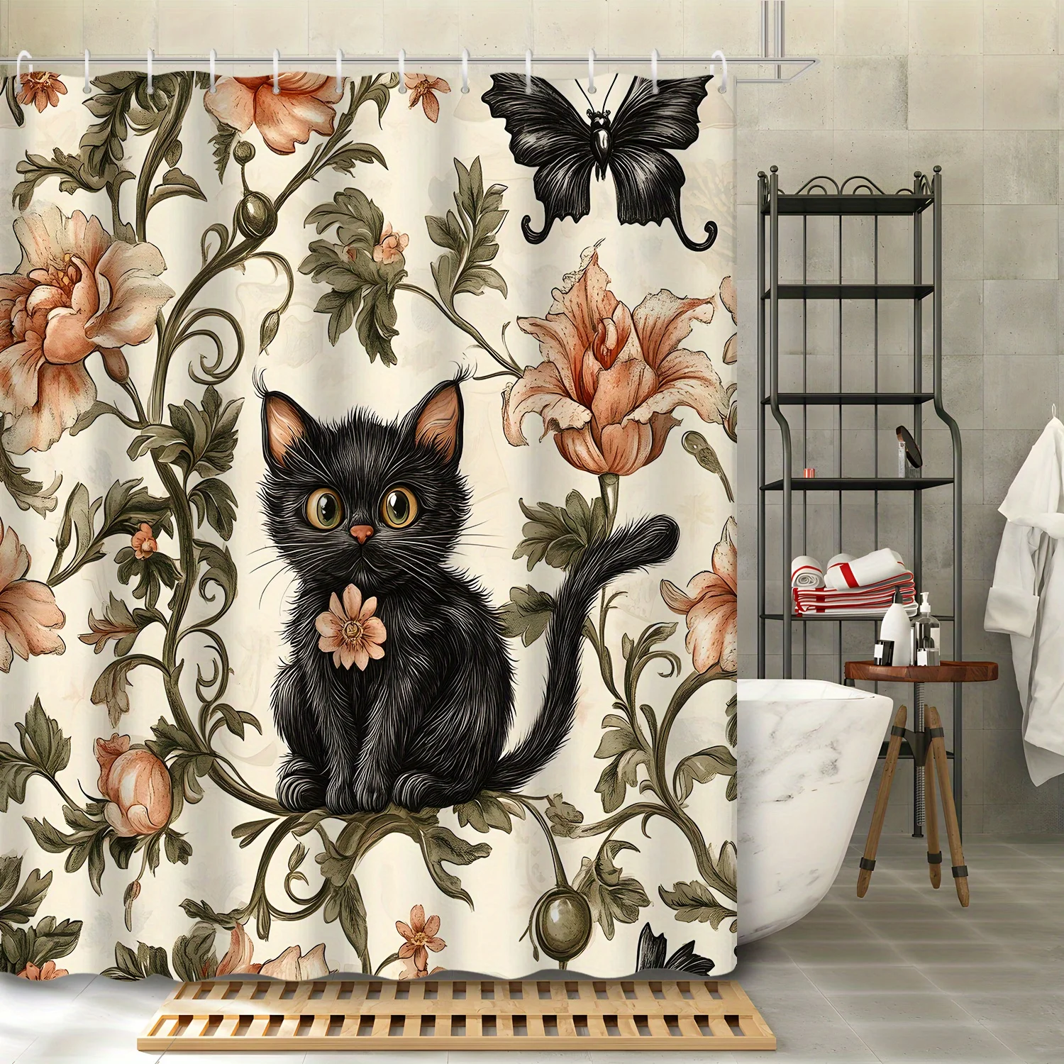 

1 шт., очаровательная занавеска для душа с цветочным рисунком черного кота и бабочки — полиэстеровый декор для ванной комнаты с крючками, можно стирать в машине, всесезонная
