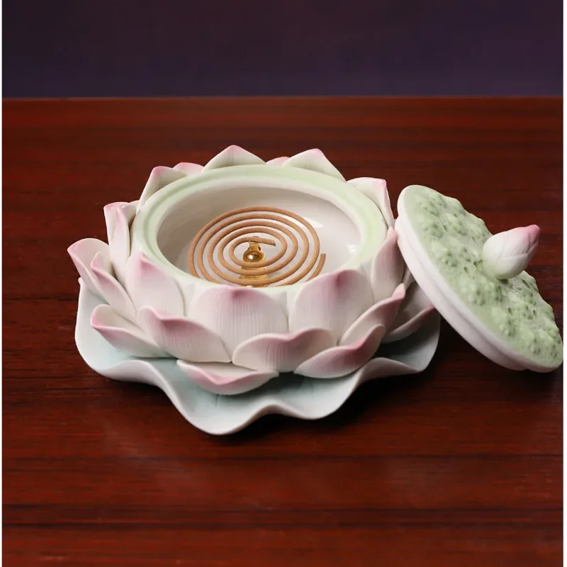 

Chinese Incense Stand Ceramic Painting Aromatherapy Plate Handmade Lotus Craft Ornaments Buddha Hall Decoration Incense Base