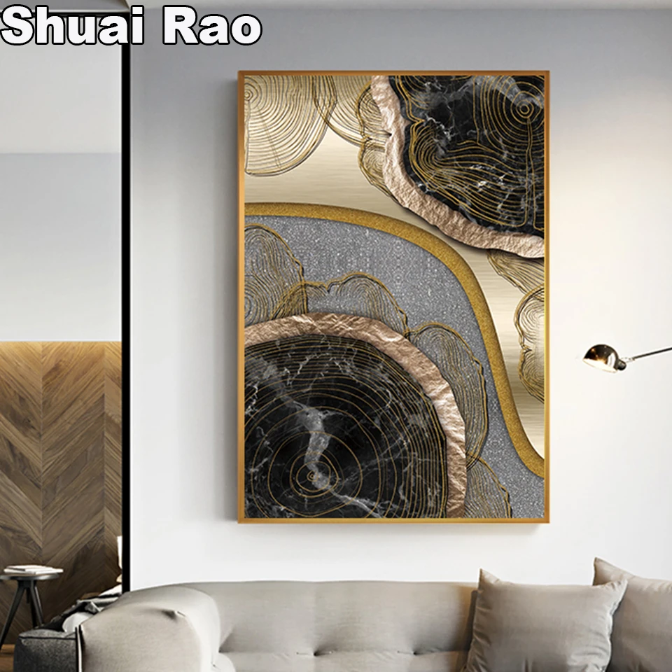 Abstract Black Golden Annual Ring Diamond Painting Full Square Round Decoration for Living Room Bedroom Wall Art Picture