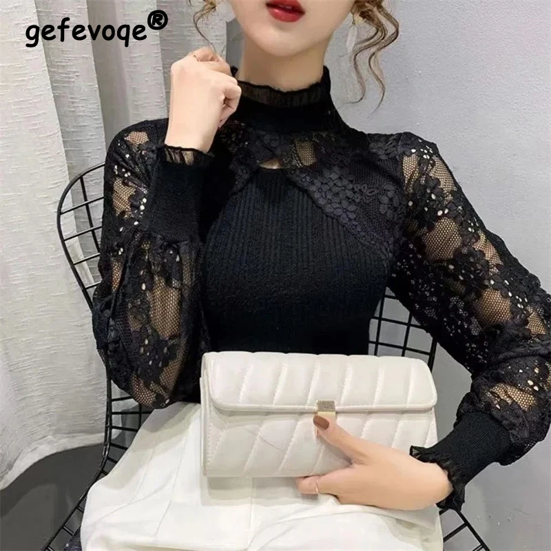 Women Clothing Elegant Fashion Black Sexy Lace Patchwork Knitwears Hollow Half High Collar Long Sleeve Slim Basic Pullover Tops