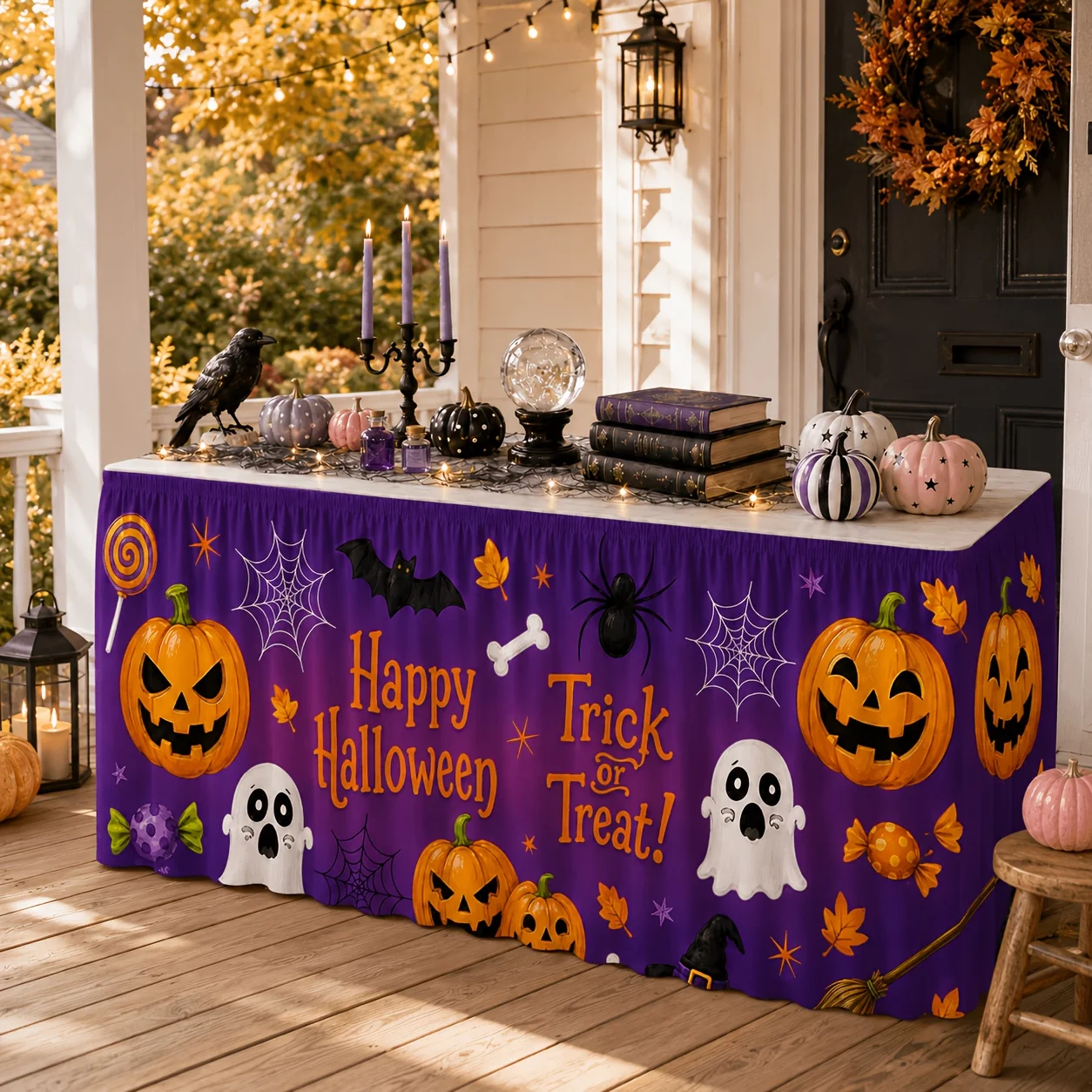 Vintage purple Halloween table skirt, featuring prints of pumpkins, ghosts and black cats, with a terrifying witch look.xzj