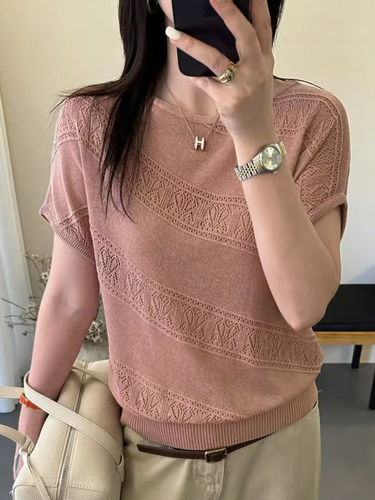 

Summer Thin Hollow out Knitted Top Women's Linen round Neck Short Sleeve Loose Overhead Versatile Shirt Breathable Soft