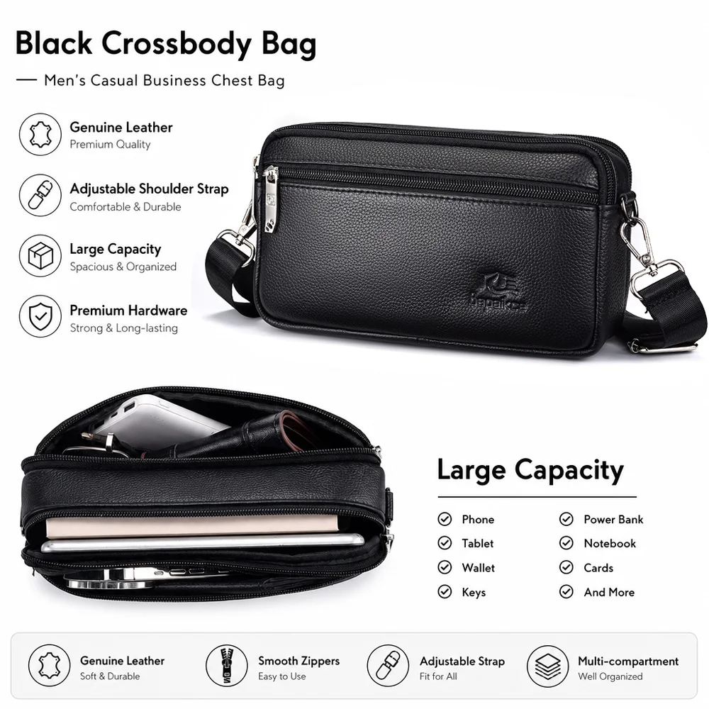

Men's Large Capacity Genuine Leather Crossbody Bag Casual Multi-Functional Shoulder Bag with Adjustable Strap