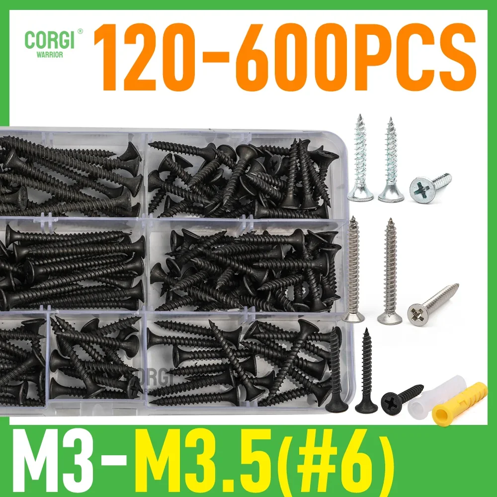 120-600 # Kit d'assortiment de 6 vis à bois noir haute dureté M3 M3.5, pointes Phillips à tête plate autotaraudeuses, vis galvanisée blanche