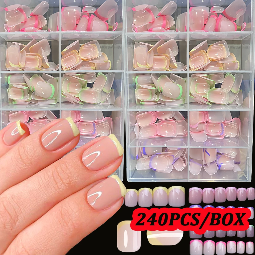 

240 шт. красочные французские накладные ногти желтый розовый овальный короткий квадратный дизайн накладные ногти глянцевые конфеты французские линии накладные ногти советы