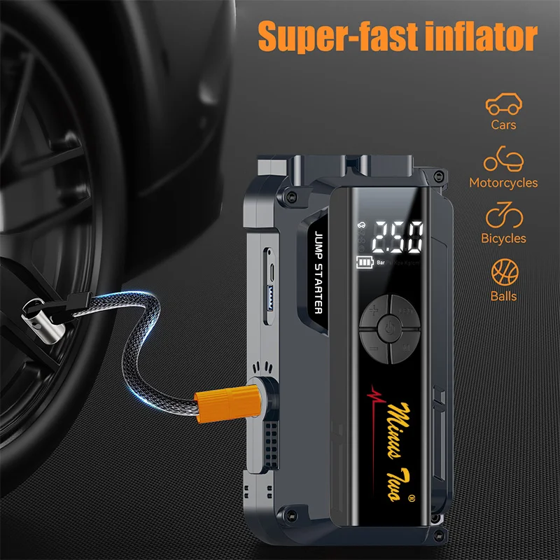 Portable Car Jump Starter with Air Compressor, 150PSI Tire Inflator and LED Emergency Light