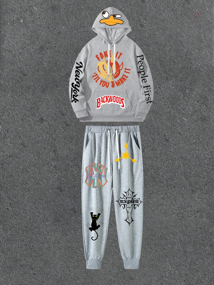 

Gray Double-sided Printed Hoodie Paired With Printed Casual Pants Loose Hoodie Street Style Outfit With Casual Pants