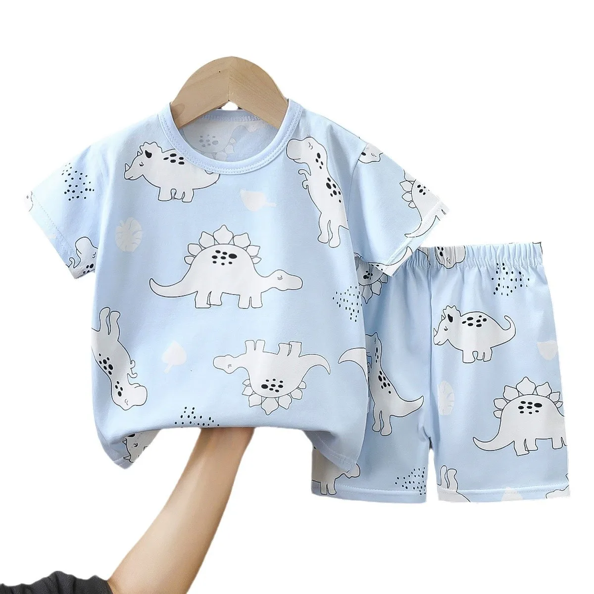 Summer Boys Girls Short Sleeved Suit Cartoon Dinosaur Print Cotton Top +Shorts 2pcs Set Children Unisex Kids Pyjamas Suit 0-4T