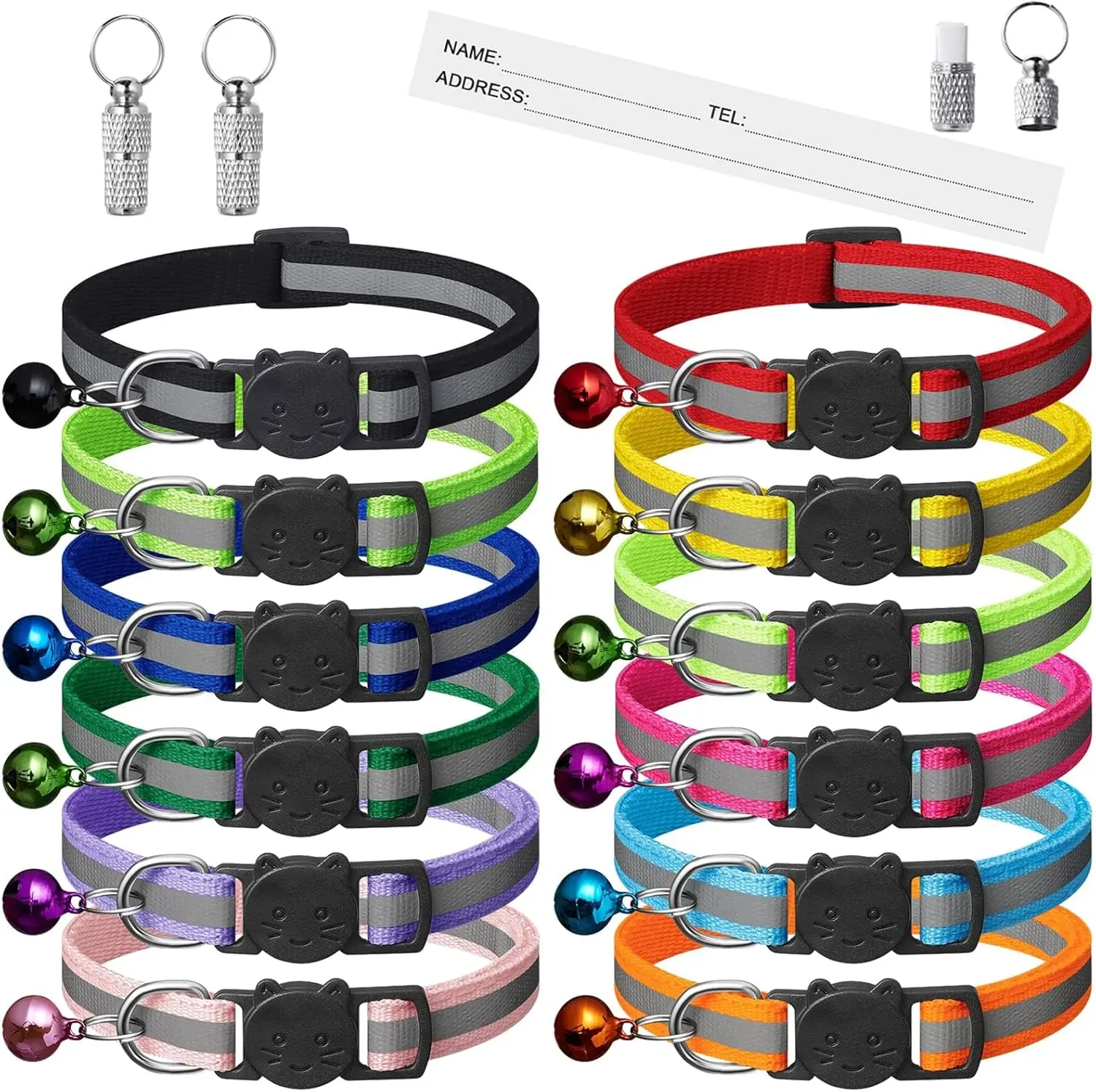 12 sets of reflective detachable cat collars (with bells and safety clasps), equipped with name tags, and adjustable in size
