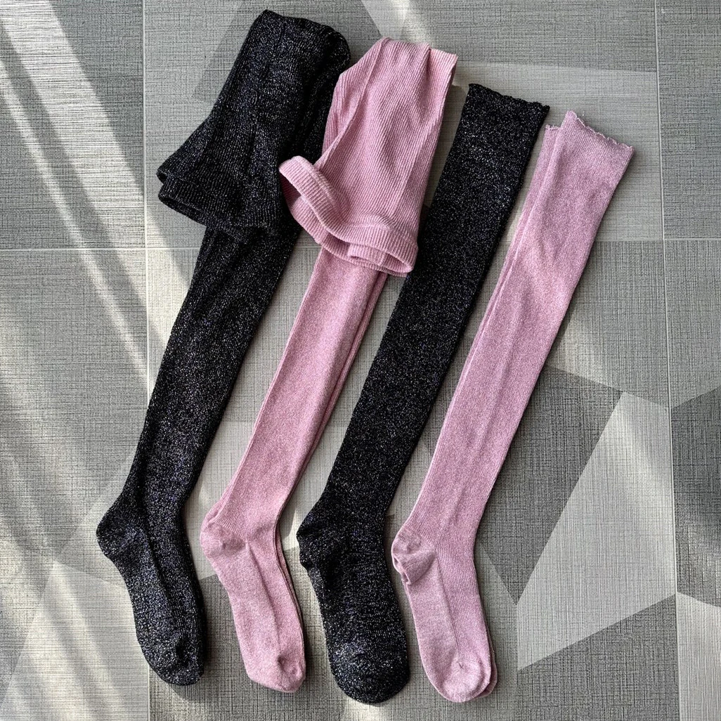 Women Fashion Spring Pantyhose Shiny Metalic Thread Knit Tights Punk Metal Style Stockings Black Pink Solid High Long Leggings