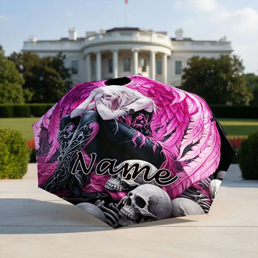 Custom Name Umbrella Fallen Angel Girl With Large Pink Wings Surrounded By Skulls Print Folding Umbrella,Portable Travel Parasol