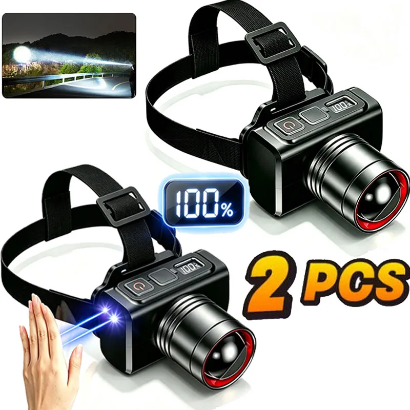 2pcs Powerful LED Headlamp Motion Sensor Headlight Rechargeable Head Flashlights High Power Head Lamp Fishing Headlight
