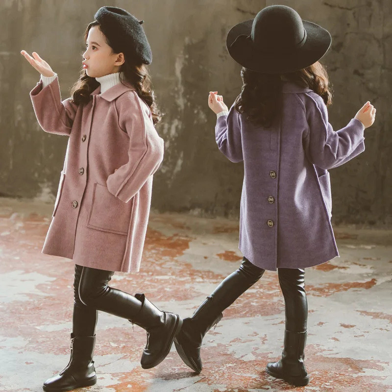 

Spring Autumn Outerwear Woolen Jacket For Girls New Kids Clothing Solid Fashion Clothes Children Long Single Breasted Tweed Coat