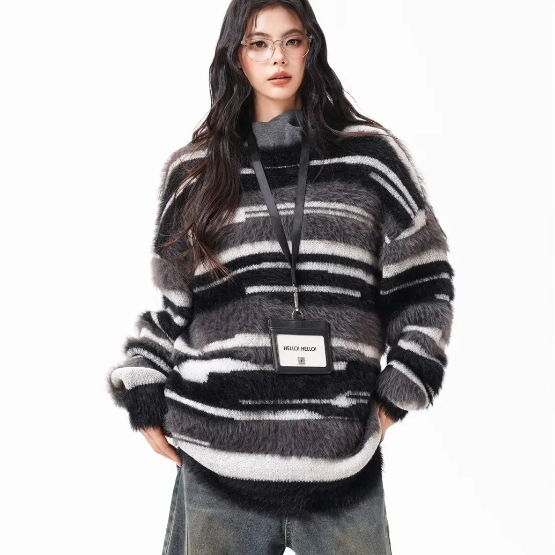 

Striped sweater for men and women, loose and warm knit sweater jacket, winter new product, casual top