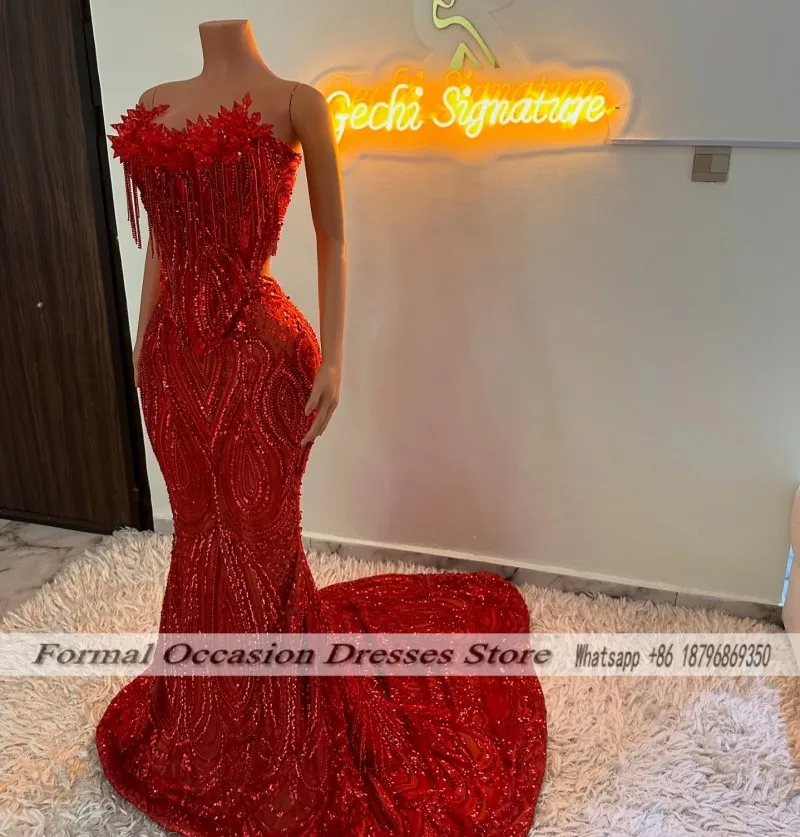 Stunning Red Prom Dress 2026 Luxury Crystal Tassel Black Girl Mermiad Party Outfits Emerald Green Matric Dance Dress Customized