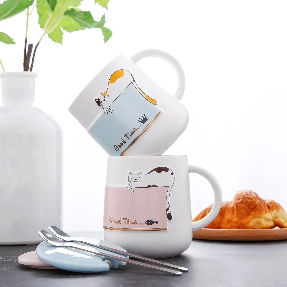 

Cute Cartoon Cat Ceramic Cup High Temperature Resistance Decorative Water Cups with Lid with Spoon Tea Cup Home Use
