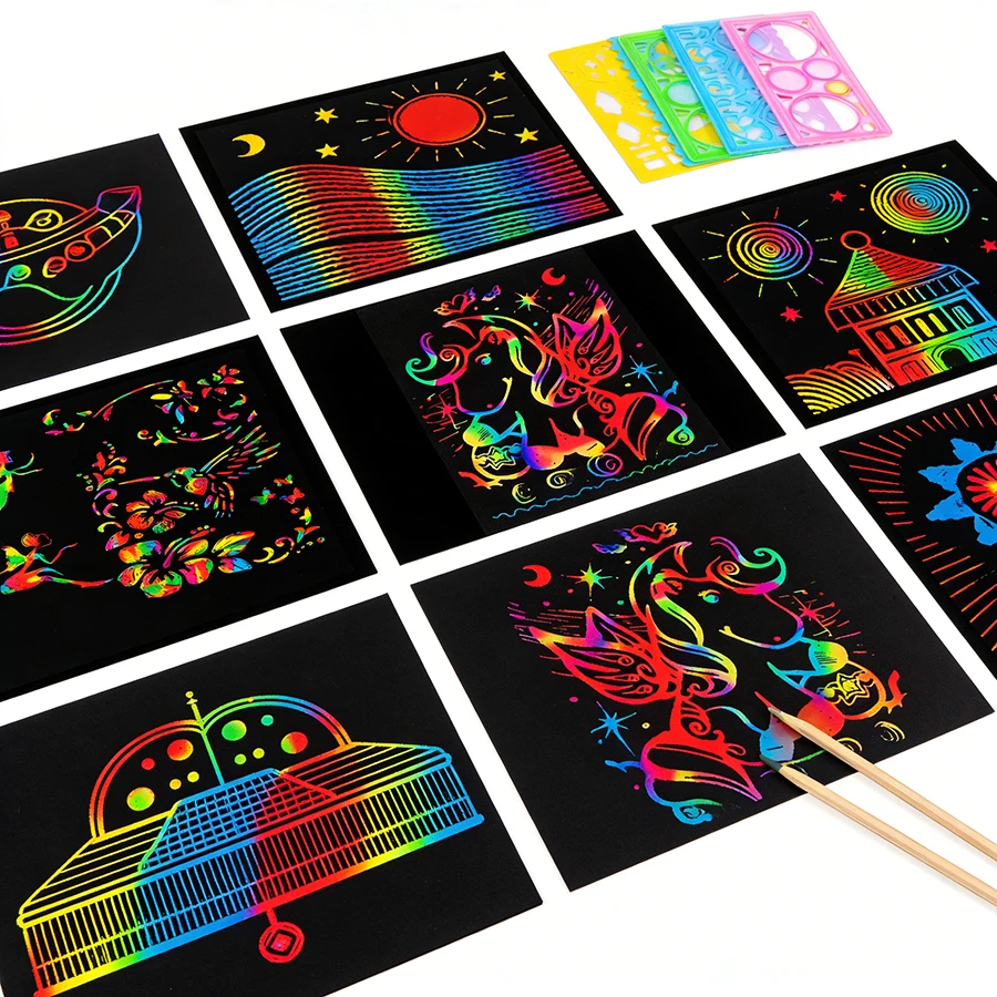 Picture 4: 21Pcs Rainbow Scratch Art Set, Magic Scratch Paper with Hollow Stencils & Wooden Styluses, Creative DIY Craft Kit Art Supplies ﻿