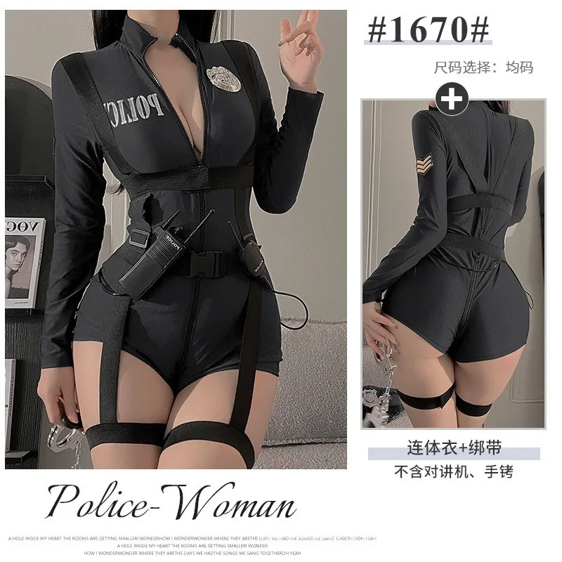 Plus Size Sexy Policewomen Costume Cop Police Cosplay Outfit Zip Crotch Bodysuit Lingerie Role Play Harness Officer Uniform