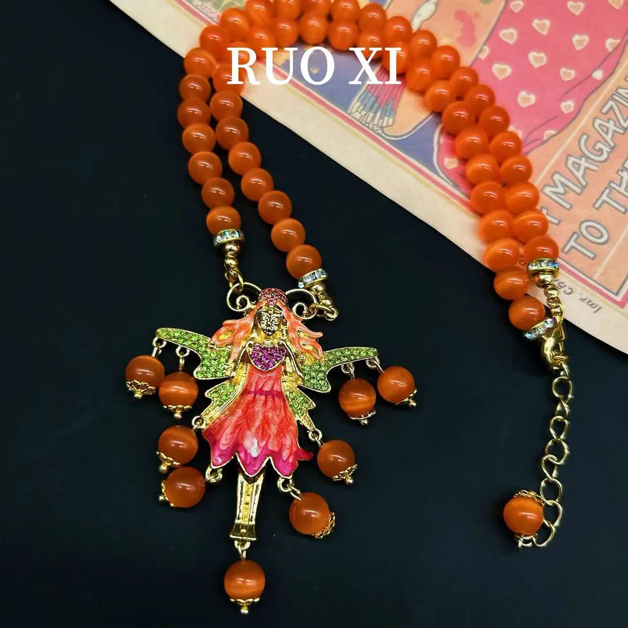 تشينغداو خمر الملاك شرابة Glze KF قزم حجر الراين البرتقال قلادة القرون الوسطى المتخصصة الأزياء قلادة للنساء #6