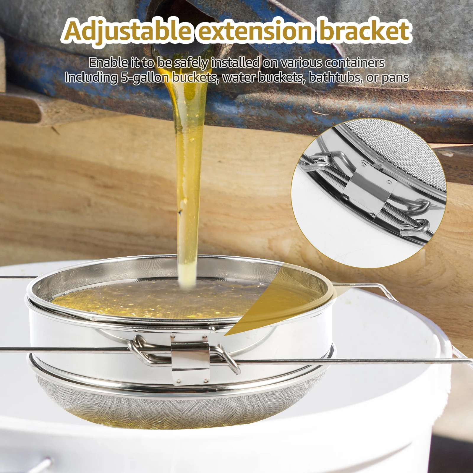 Double Sieve Honey Strainer with Extendable Arms Stainless Steel Honey Mesh Strainer Efficient Double Mesh Sieve Reusable Double