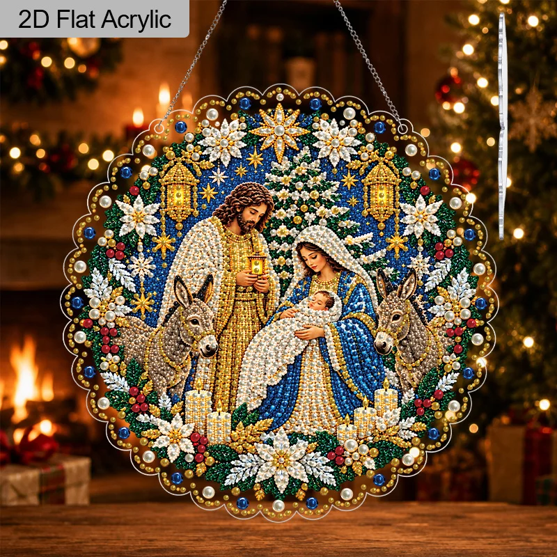 2D Flat Acrylic Holy Family Nativity Pearl Diamond Painting Hanging Ornament, DIY Christmas Bead Art Pendant, Mary Joseph Baby