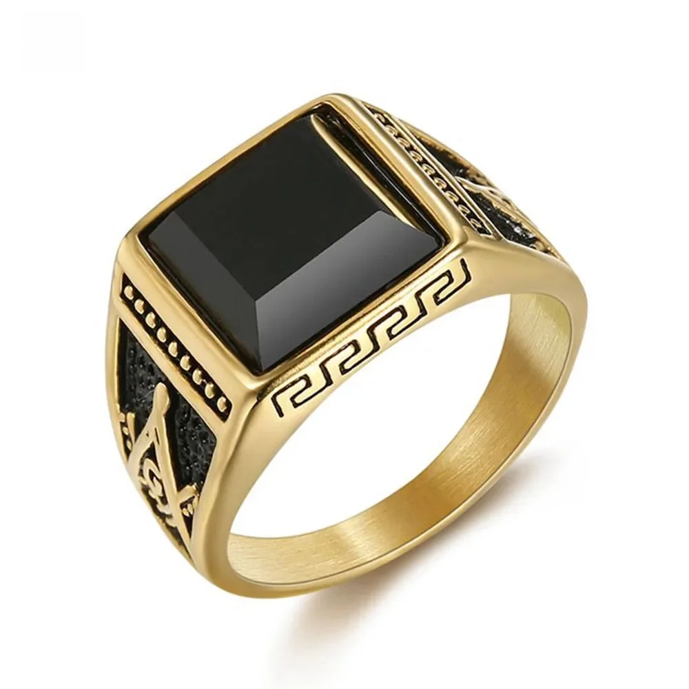 

Gothic Punk Stainless Steel Masonic Ring with Onyx Stone, Noble Casting Statement Ring for Men, Biker Jewelry gift