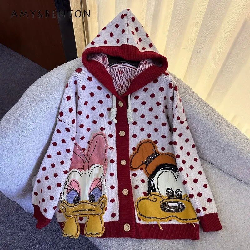 

Осень 2025 г., новый кардиган с капюшоном и вышивкой в горошек, вязаный свитер, женский свободный повседневный стиль, топ, трикотаж, куртка