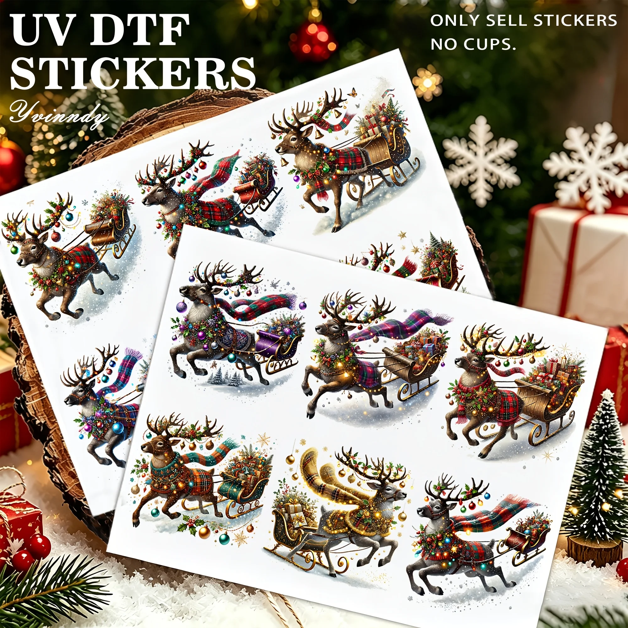 12 Stück/Set mit weihnachtlichen Rentiermotiven, die einen Schlitten ziehen, hergestellt mit wasserfesten, langlebigen, hochwertigen UV-DTF-Transferaufklebern, ohne Becherhalterung