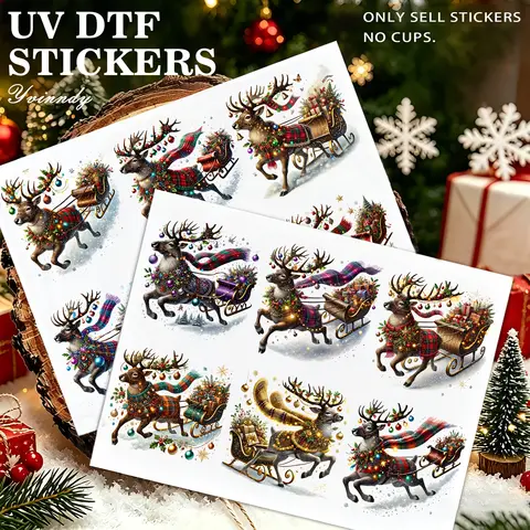 12PCS/Set Of Christma Reindeer Pulling A Sleigh Designs Made With Waterproof Durable High-quality UV DTF Transfer Sticker NO Cup