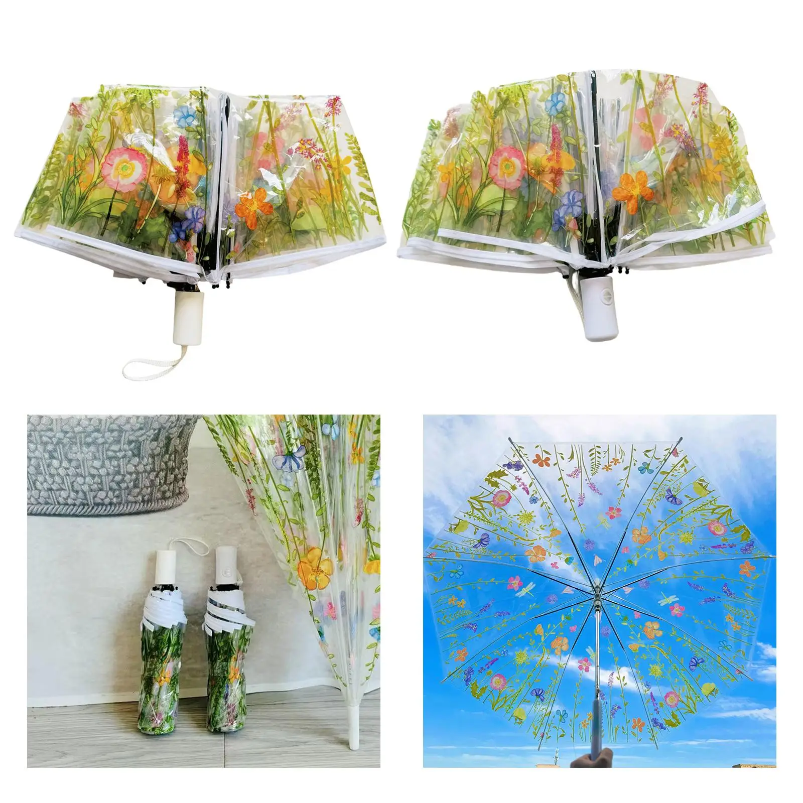 Transparent Bell Dome Flower Umbrella Windproof Folding Compact Travel Rain Umbrella for Photo Props
