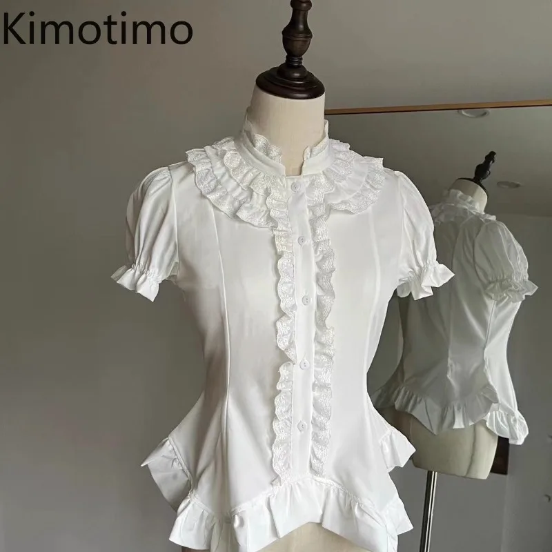 

Kimotimo Gothic Lolita Solid Shirts Women Summer Slim Fit Fungus Edge Spliced Short Sleeve Y2k Tops Japanese Sweet Chic Blouses
