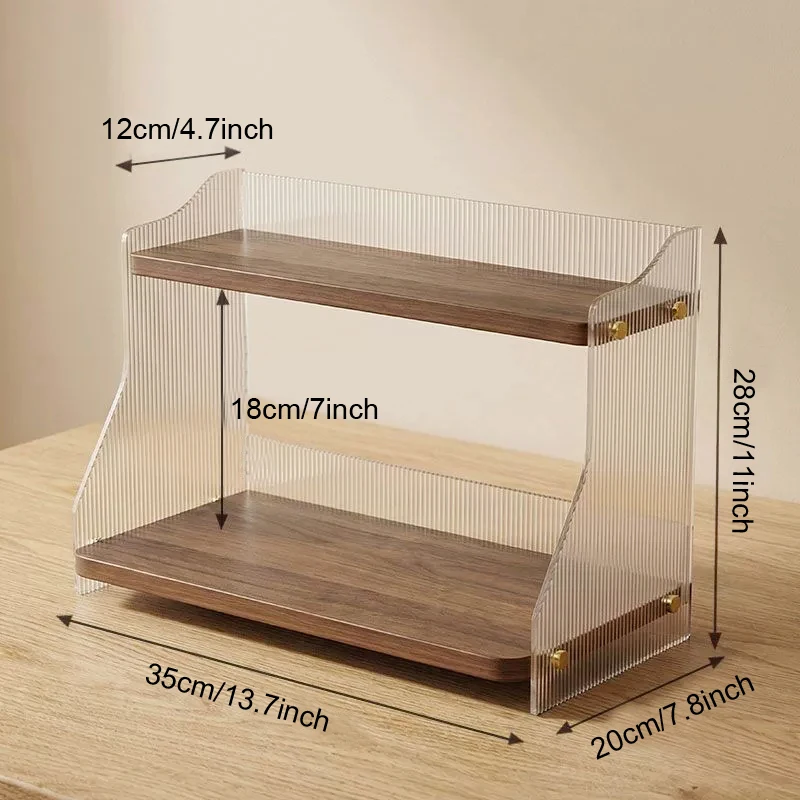 Fluted Acrylic Desktop Shelf 2-Tier Wood Display Stand Clear Organizer Desk Storage for Cosmetics, Skincare Office Supplies