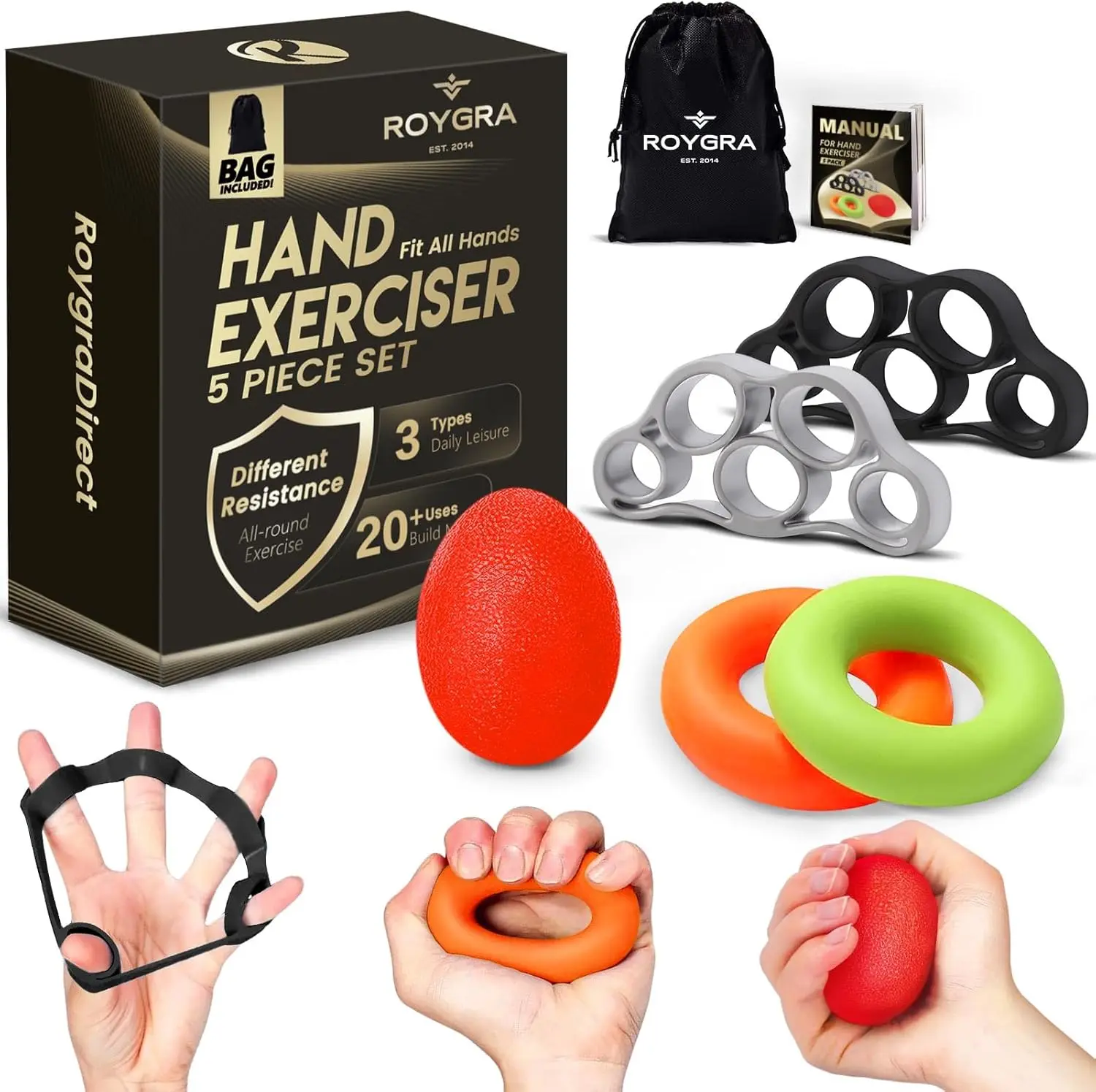 roygra Grip Strength Trainer (5 Pack), Forearm Strengthener, Stress Balls for Adults, Hand Strengthening Devices, Wrist Finger S