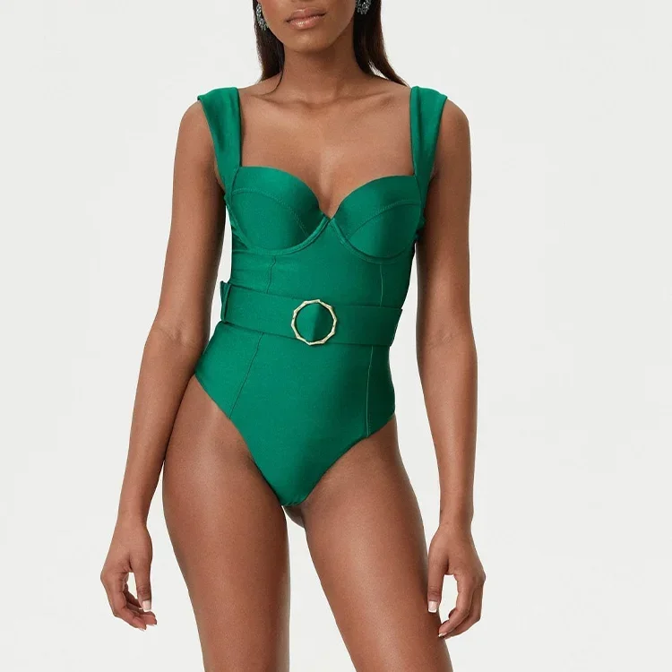 2024 New Retro Sling Belt Green One Piece Swimsuit and Skirt Swimwear Clearance Wholesale Beachwear Bathing Suit