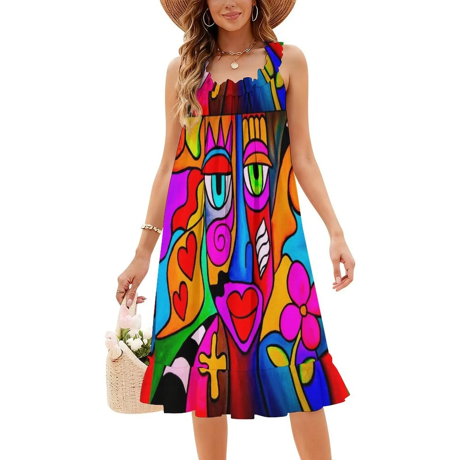Sukienka w stylu koreańskim Funky Face dla kobiet, prosta, codzienna, do biura, jaskrawe, kolorowe, zabawne wzory kwiatowe i serca, funky, kobieca.