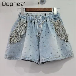 2024 Summer New European Goods Heavy Industry Starry with Diamonds High Waist Slimming Wide-Leg Denim Shorts Women Short Pants