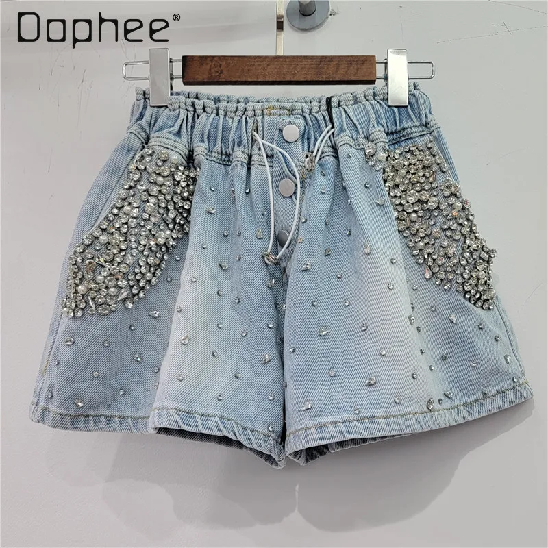 2024 Summer New European Goods Heavy Industry Starry with Diamonds High Waist Slimming Wide-Leg Denim Shorts Women Short Pants