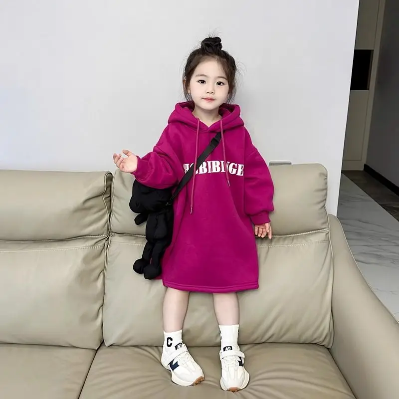 Girls' Winter Fleece-Lined Pitaya Skin-Brightening Premium Letter Hooded Midi Sweatshirt Dress for 4-12Y