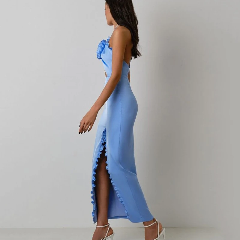 New Sexy Sky Blue Hanging Neck Decorative Flower Dress, Women\'s Hem Split Ruffle Edge Small ceremonial dressDress Long Style