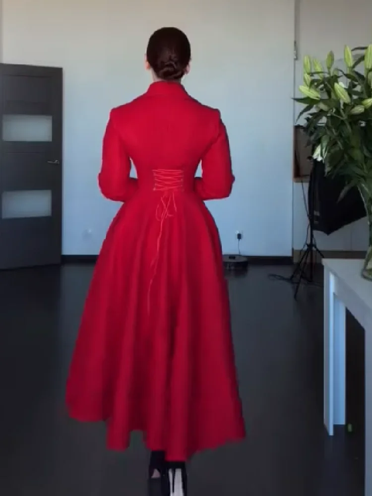 Women Hourglass Waist Full Flared Hem Long Dress Coat Lapel Collar Single Breasted Long Sleeve Overcoat Guest Party Street Wear