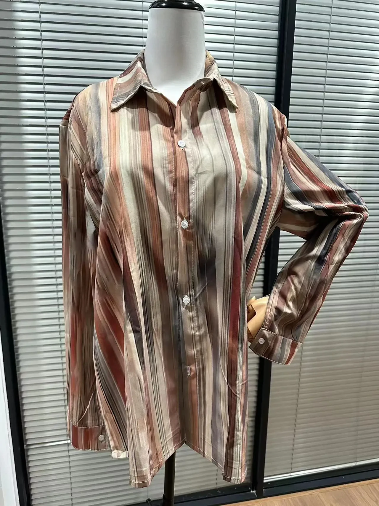 Women\'s Shirt Blouse Striped Pink Blue Khaki Print Button Long Sleeve Casual Fashion Standing Collar Fit Spring & Fall Tops