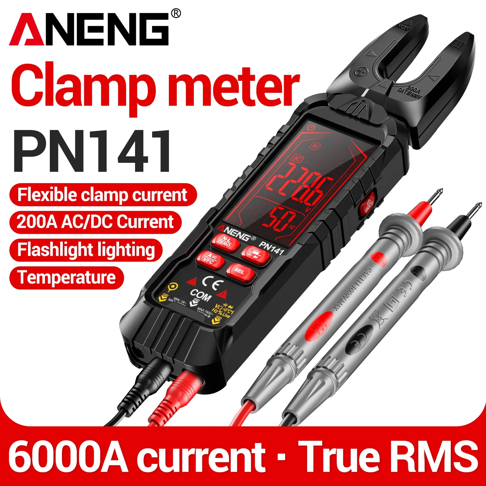 ANENG PN141 Flexible Clamp Multimeter 6000 Counts True RMS NCV Phase Sequence VFC Temperature Color Screen Voltage Test Meter