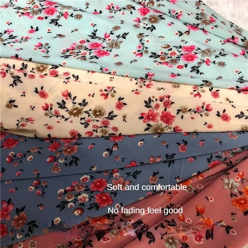 Printed Flowers Micro Elasticity Chiffon Fabric By Meter for Dress Headwear Decoration Diy Sewing Cloth Comfortable Red Pink