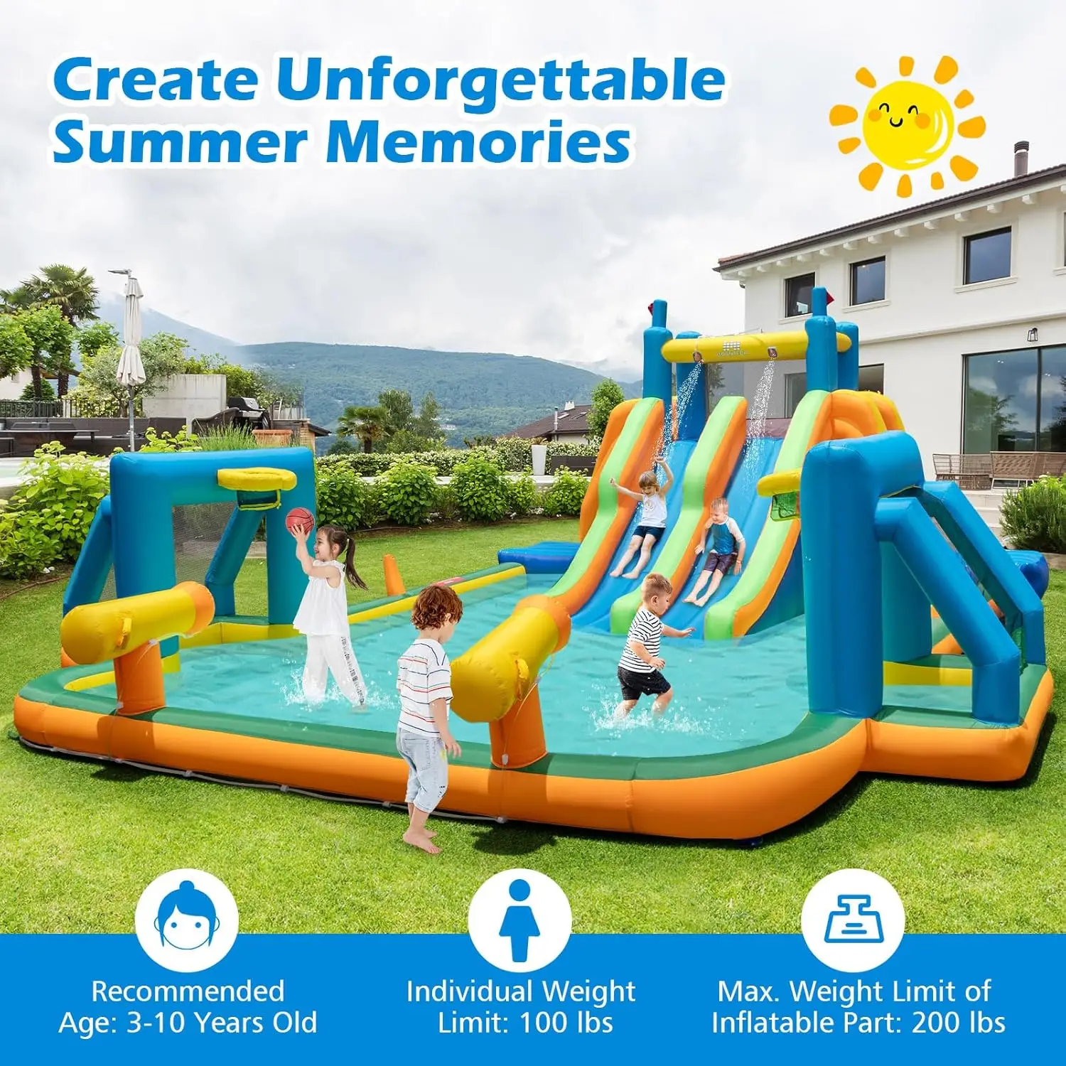 Corrediça de água inflável, 19x17FT Mega Water Slide Park Slides duplos longos para diversão de corrida com parede de escalada dupla, grande piscina de respingo, Wa