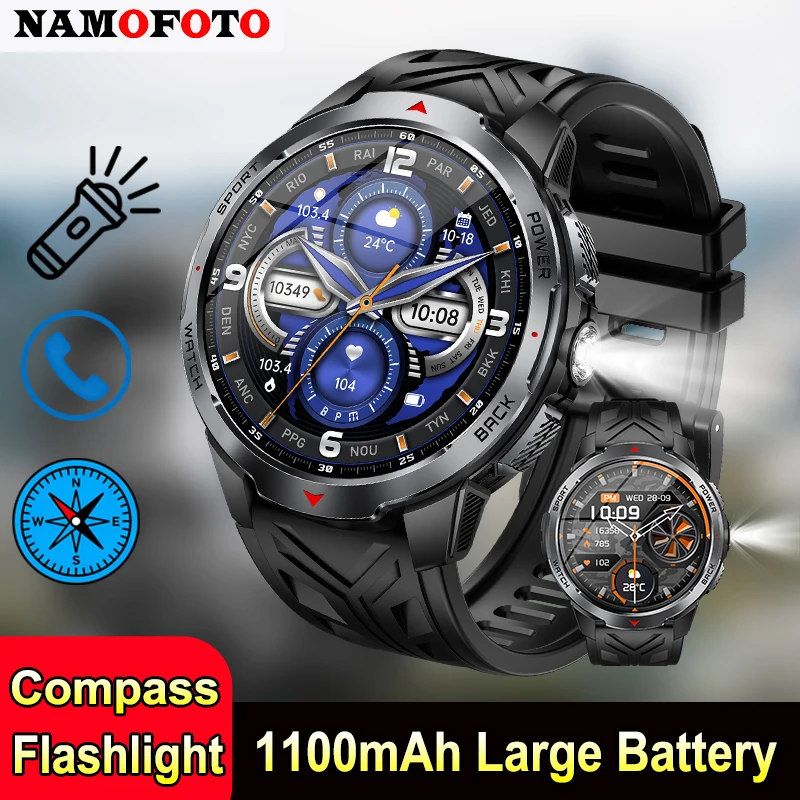 

NAMOFOTO 1100mAh Large Battery Smartwatch LED Flashlight Outdoor Compass BT Calling Men Multi-Sports Fitness Tracker Smart Watch