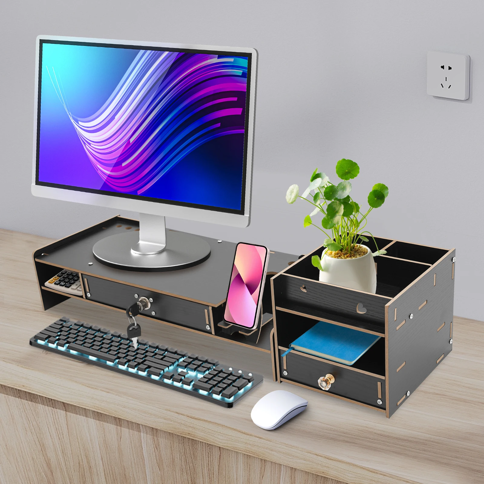 

Monitor Stand, Computer Riser, Monitor Stand Riser, Black Desktop Shelf, Height Adjustable Organizer for Office Workspace