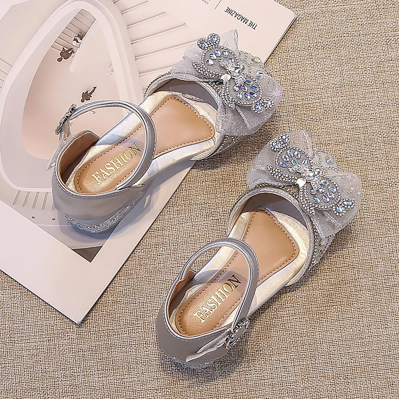 

Kids'Casual Shoes Sandals Bow Crystal Sequin PU Leather Summer Shoes For Girls Soft Bottom Beige Silver Shoes Size 26-36