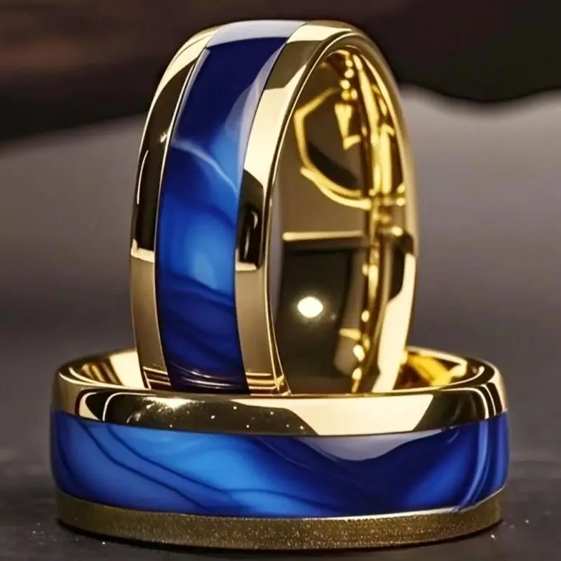 خاتم عصري من الفولاذ المقاوم للصدأ مقاس 8 مم، مرصع بنمط أزرق، تلميع بالتنقيط، بسيط وعصري، مناسب للارتداء اليومي